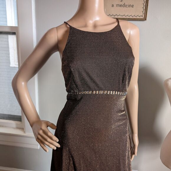 Vintage 90s Cache Metallic Maxi Dress Prom Gown Rhinestone Whimsygoth Size 7 - Picture 10 of 13